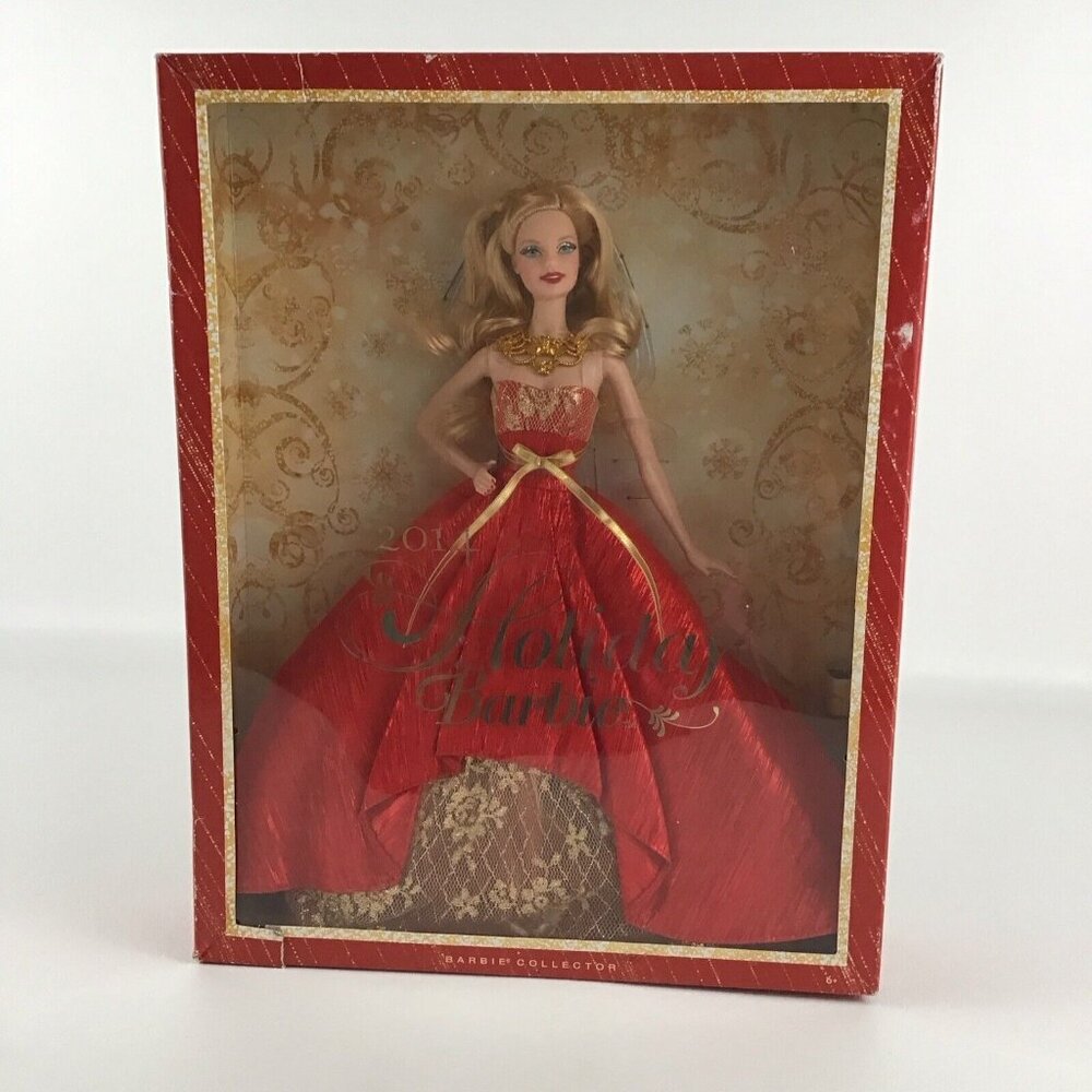 Barbie Collector 2014 Holiday Barbie Fashion Doll Red Gold Gown Stand Mattel New